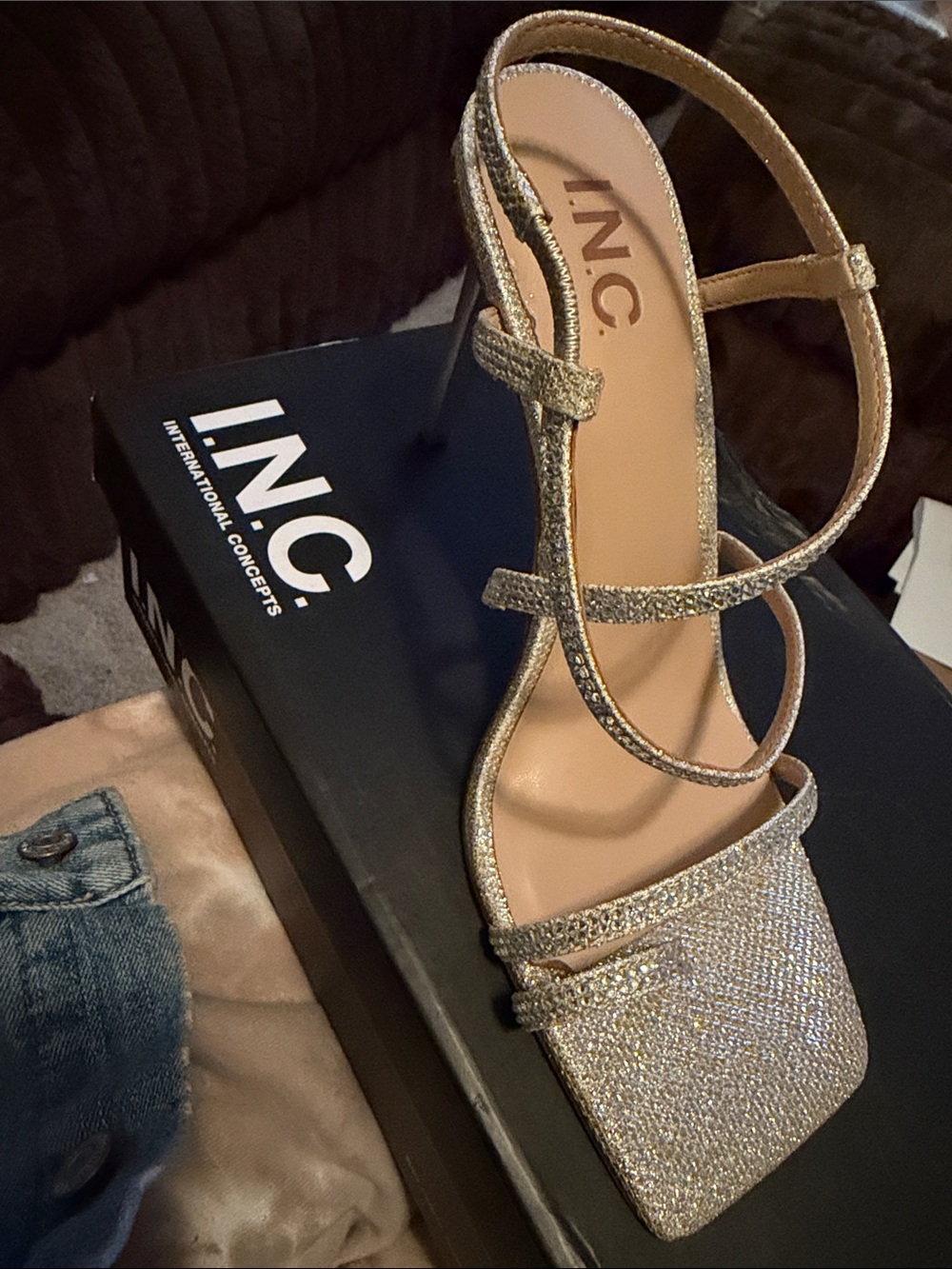 INC International Concepts Glitter Gold Strappy‎ Square-Toe Sandals